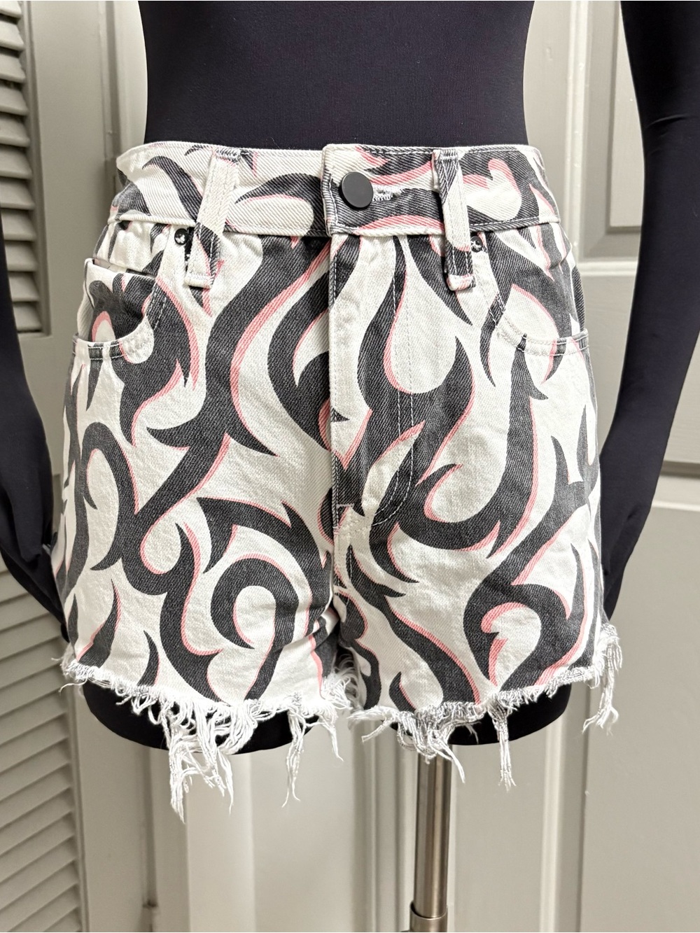 Alexander Wang White Denim Shorts with Black & Pink Flame Print